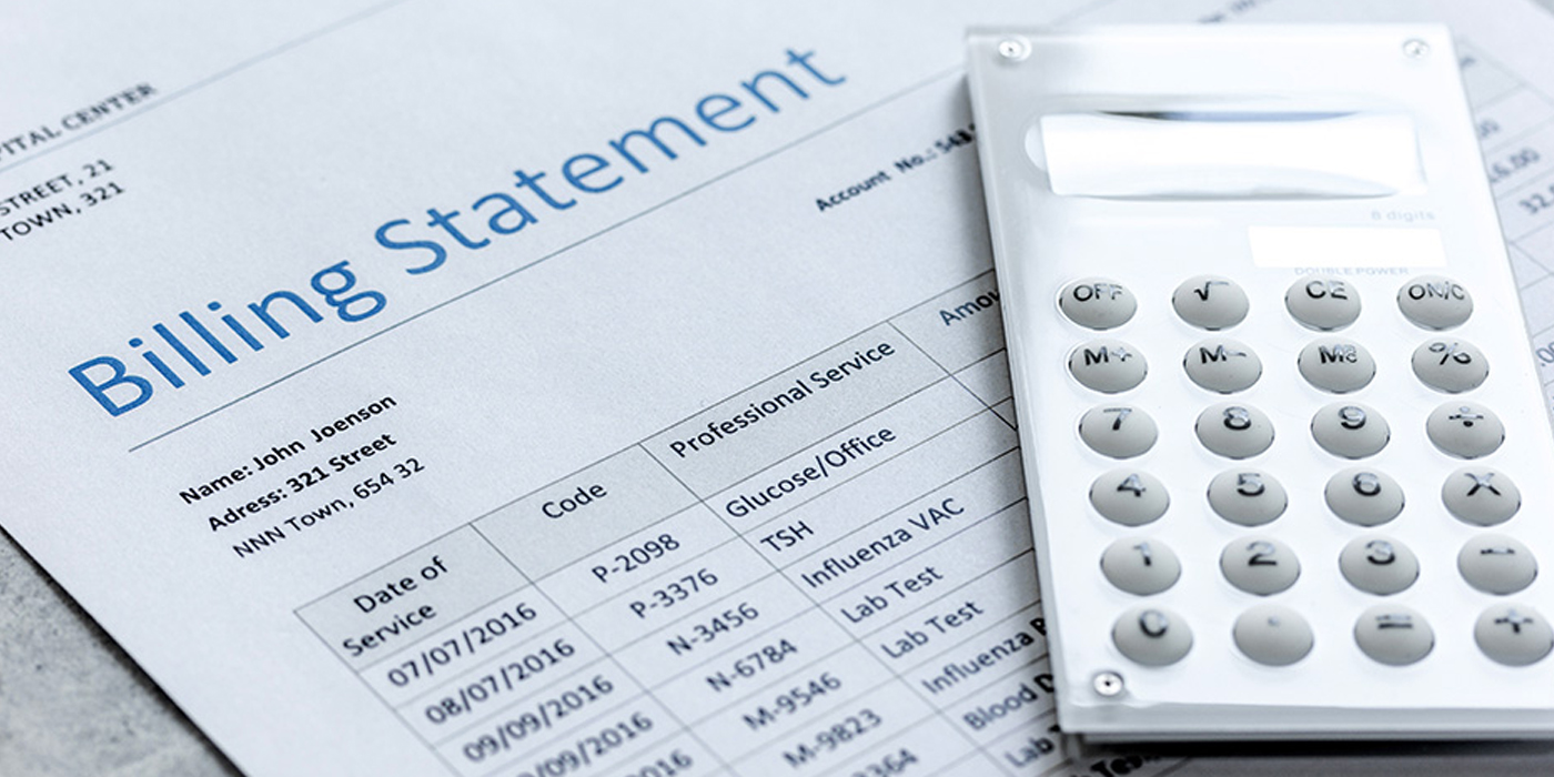Billing statement document with itemized services and patient details, partially covered by a white calculator on the right side